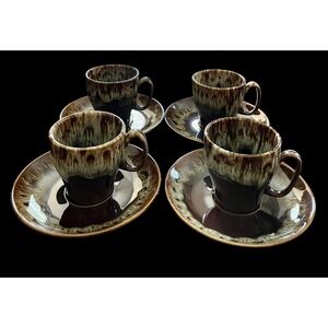 Set Of 4 Vintage Canonsburg Brown Drip‎ Glaze Cup and Saucer Sets Excellent